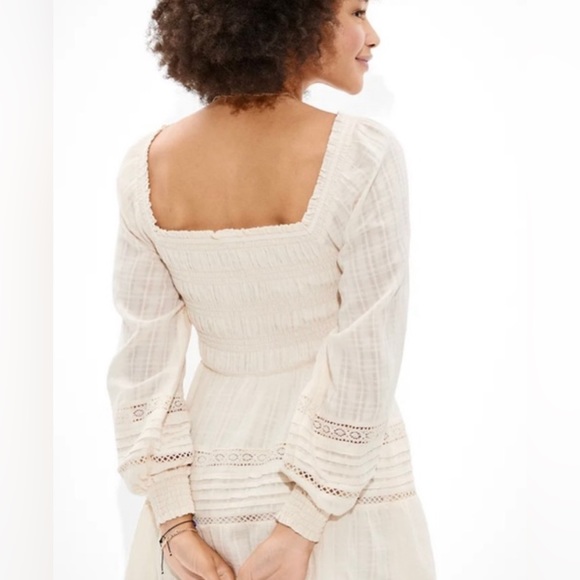 American Eagle Long Sleeve Smocked Mini Dress Boho White Cream Medium - Picture 3 of 9